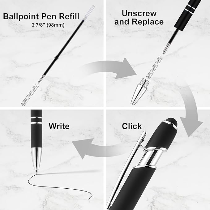 LINFANC 12 Pack Black Silver Ballpoint Pen with Stylus Tip, 1.0 mm Black Ink Smooth Writing Pens, Metal Stylus Pens for Touch Screens