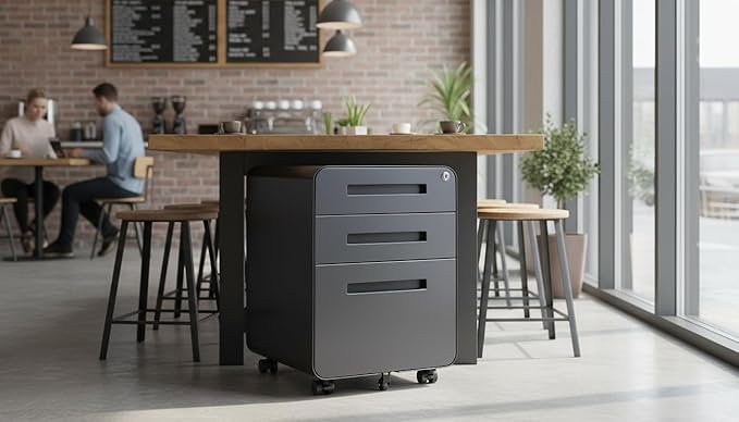 Modern 3-Drawer Mobile File Cabinet, Dark Grey Metal Filing Cabinet with Lock, Under-Desk Rolling File Storage with 5 Wheels, Legal/Letter/A4 Hanging File Compatible, 15.75" W x 18.11" D x 22.83" H