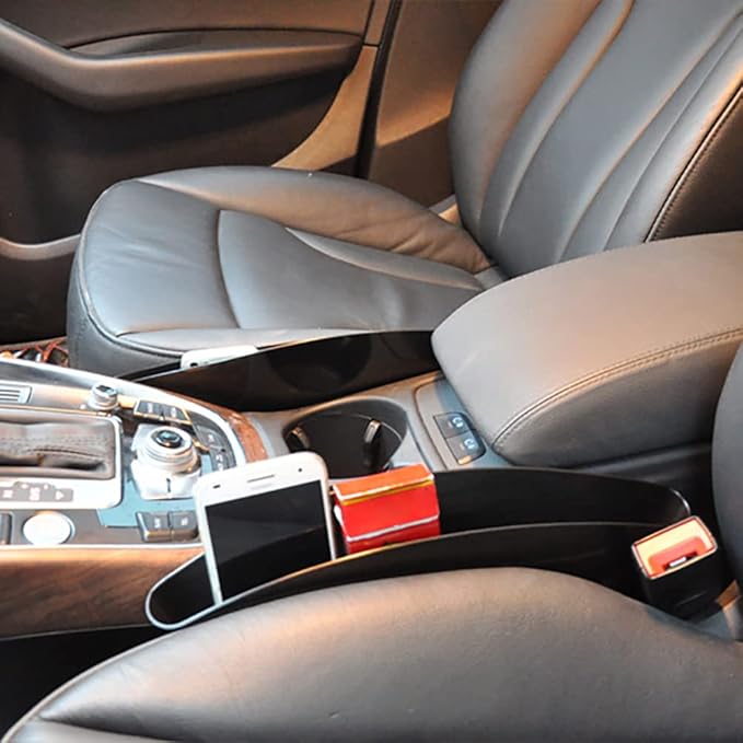 Riloer 2 Pcs Car Seat Pockets Plastic Car Console Side Organizer, Sturdy Leather Car Gap Filler, Pocket Black Drop Catcher Pocket Between Seat Console