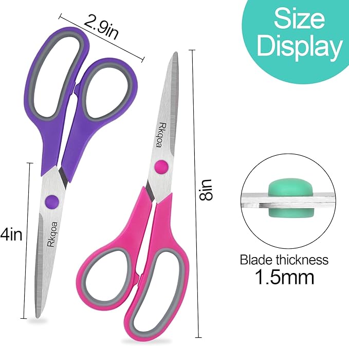 Red Scissors Bulk, Rkqoa 8" All Purpose Scissors Pack of 6- High Performance and Designed for Comfort and Cutting - Sharp to Cut but Soft to Hold. Perfect for Art, Crafts and the Office