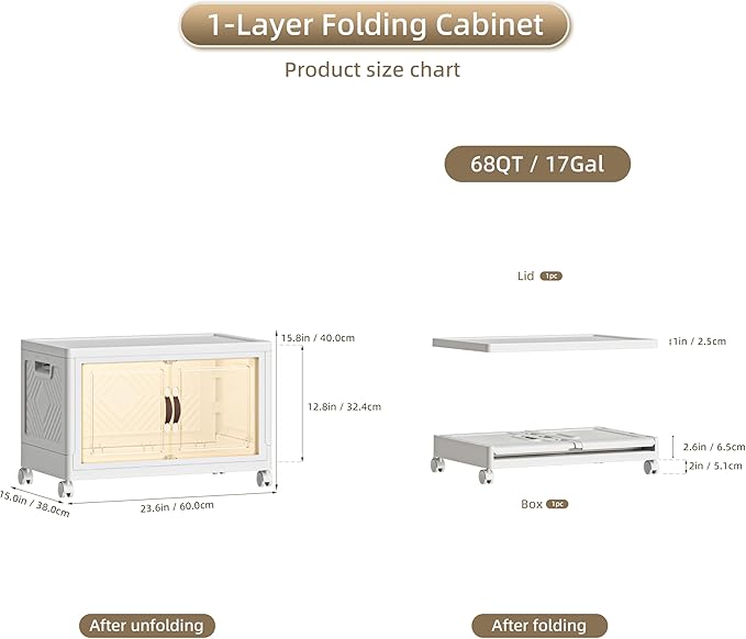 68 QT / 17 Gal Extra Wide Foldable Plastic Cabinet with Double Magnetic Doors & Leather Handles - Stackable, 4 Locking Wheels, Space Saving Storage for Small Spaces