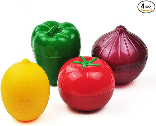 MIAO JIN 4 PCS Fruit and Vegetable Shaped Food Saver Storage Containers Holder Refrigerator Vegetable Crisper(Onion, tomato, lemon, green pepper)