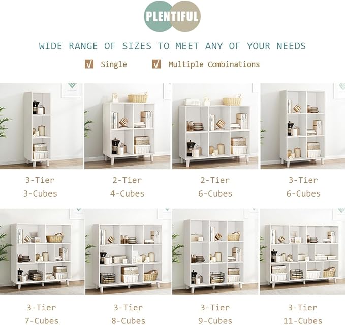 IOTXY Open Cube Low Bookcase - 3-Tier Freestanding Storage Display Cabinet Organizer with Legs for Home Office, 9-Cubes Open Shelf Short Bookshelf, White