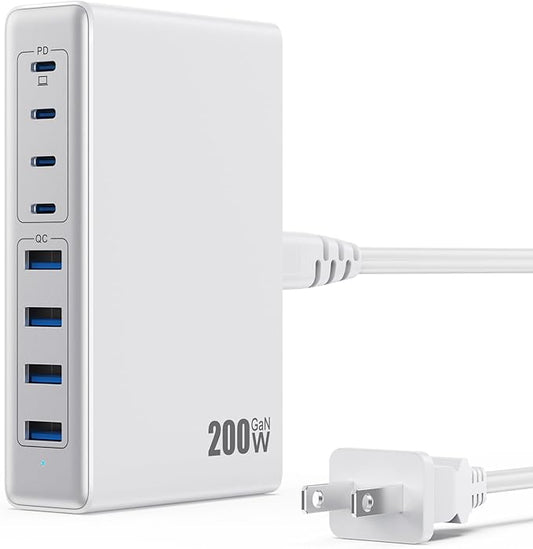 200W USB C Charger Block,GaN IV Charging Station 8 Ports,QC4.0 Fast Charging Station Hub+PD 65W USB C Laptop Charger Adapter Compatible with MacBook Air/Pro,DELL,iPhone 17/16/15,iPad,Steam Deck-White