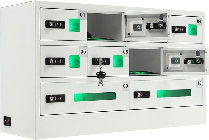 10 Slots Cell Phone Locker Charging Station & Locker Cellphone Charging Station Cabinet with Combination Lock, Tablet Computer and Mobile Phone Charging Station with 3 in 1 Charging Ports
