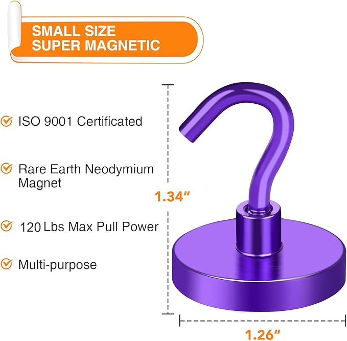 MIKEDE Strong Magnetic Hooks, 120Lbs Heavy Duty Magnetic Hooks for Cruise, Neodymium Earth Magnets with Hooks for Hanging, Super Metal Industrial Magnets for Grill, Storage (Purple,10 Pack)