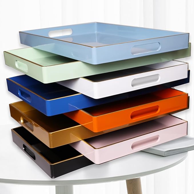 Spsyrine White Decorative Serving Tray with Handles, Elegant Plastic Coffee Table Tray for Ottoman, Living Room, Home Decor 15.6" X 10.2"