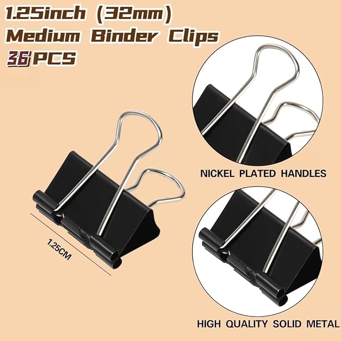 Binder Clips, Qimailer Medium Clips,36 Pcs 1.25 Inch,Black Metal Binder Clips and Paper Clips for Office, Home, School