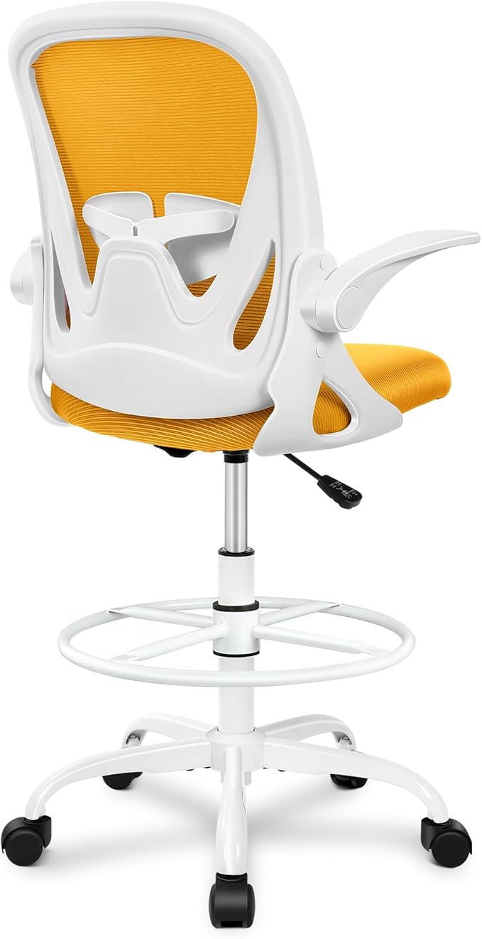 Primy Drafting Chair Tall Office Chair with Flip-up Armrests Executive Ergonomic Computer Standing Desk Chair with Lumbar Support and Adjustable Footrest Ring (Mustard)
