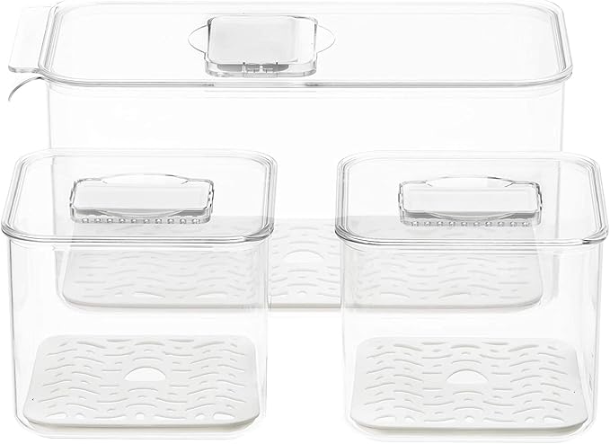 Slideep Food Storage Containers Produce Saver with Lids, Stackable Refrigerator Freezer Organizer Bins with Removable Drain Tray, Fridge Fresh Keeper for Veggie, Berry, Fruits, Vegetables 3 Pack