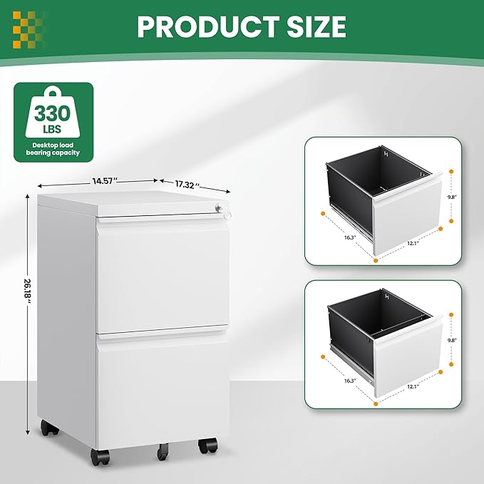 2 Drawer Mobile File Cabinet with Lock,Under Desk Filing Cabinet for Home Office, Metal Filing Cabinets on Wheels for Legal/Letter/A4 File, Assembled Required, White
