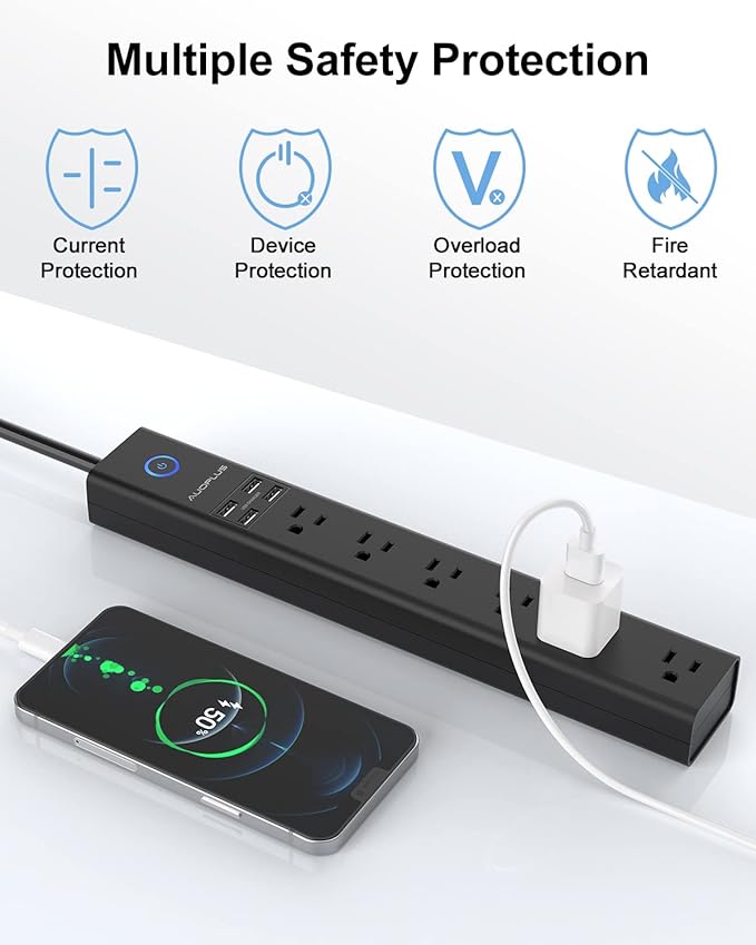 15 Ft Power Strip Surge Protector, 6 Outlets and 4 USB Ports, Flat Plug Power Strips Long Extension Cord with Overload Protection, Wall Mount for Home, Office, Dorm, ETL Listed Black