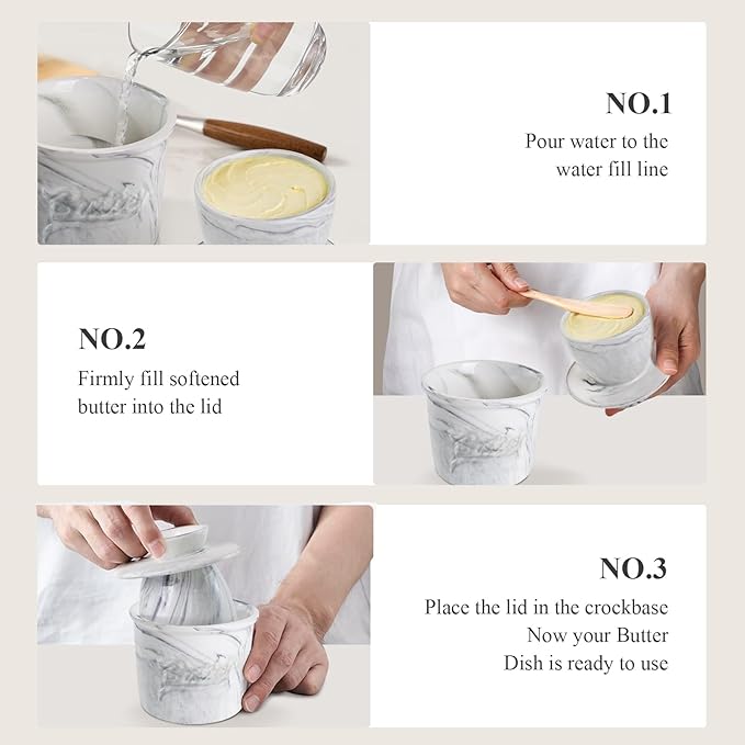 Butter Crock for Counter with Water, French Butter Keeper for Spreadable Butter Marble Ceramic Butter Dish with Lid for Countertop, Butter Container Holder