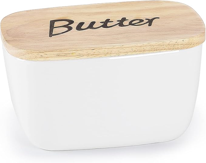 GDCZ Ceramics Butter Dish with Wooden Lid- Large Covered Butter Holder for Countertop, Butter Keeper Container Perfect for Holds 4X 4oz West/East Coast Butter, White