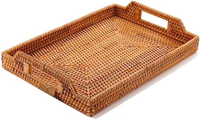 Hand-Woven Rattan Serving Tray with Handles for Breakfast, Drinks, Snack for Dining/Coffee Table (14.5 inch (37 cm), Rectangular)