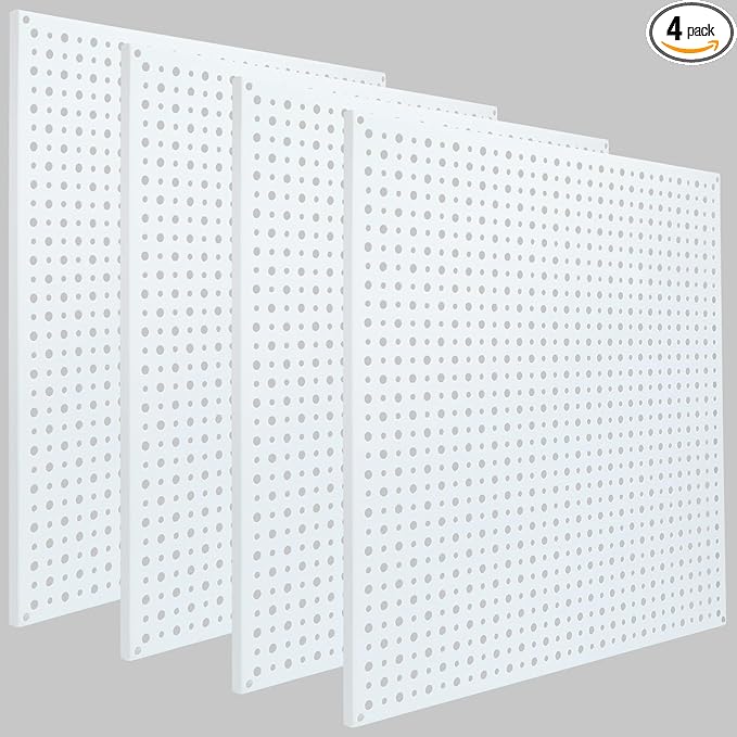 Pegboard Rack Garage Storage Steel Horizontal Peg Board Pack,Steel Pegboard Heavy Duty- 4 Pack 16-Inch X 16-Inch Metal Peg Board Tool Organization Panels(White)