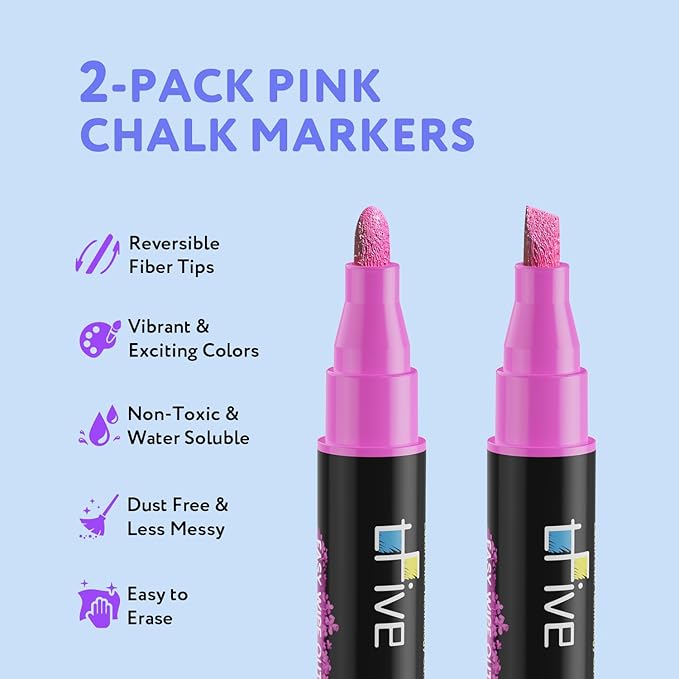 TFIVE Pink Liquid Chalk Markers - 2 Pack Bright Colors Erasable Chalk Marker Pens, Reversible Tip, Non-Toxic, for Chalkboards, Signs, Glass, Easy to use Chalk markers TF800