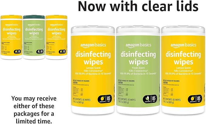 Amazon Basics Wipes, Lemon & Fresh Scent, Sanitizes, Cleans & Deodorizes, 255 Count (3 Packs of 85)