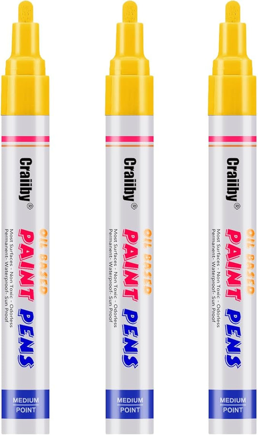Yellow Paint Markers, 3 Pack Oil-Based Waterproof Quick Dry Permanent Paint Pen Set for Rocks Painting, Wood, Fabric, Plastic, Canvas, Glass, Mugs, Metal, Tire, Stone, DIY Craft