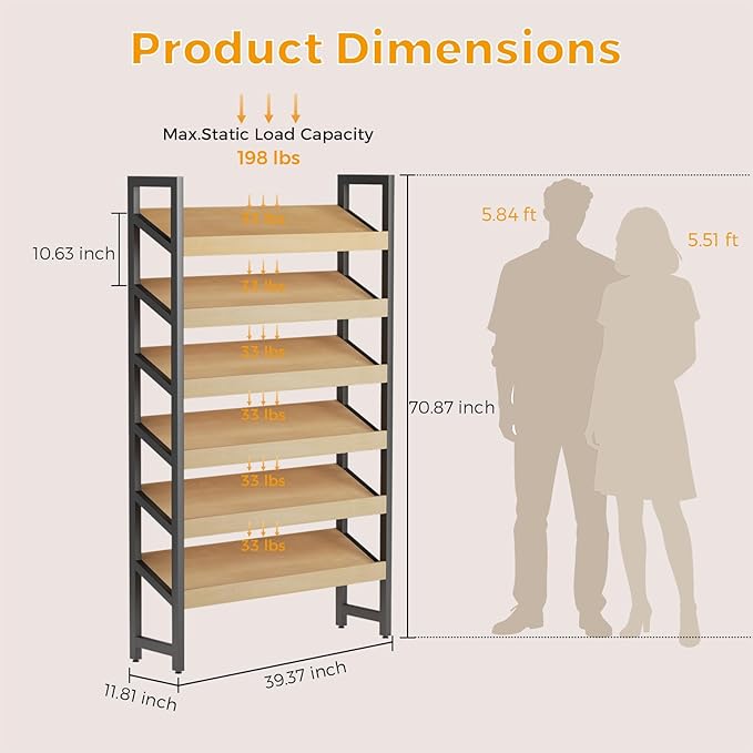 6-Tier Floor Standing Magazine Rack, Modern Literature Display Stand, Heavy Duty Steel Display Shelf with 38° Slant & 2.75" Lip, for Office/Airport/Bookstore/Library, 39"L x 12"W x 71"H (Black)