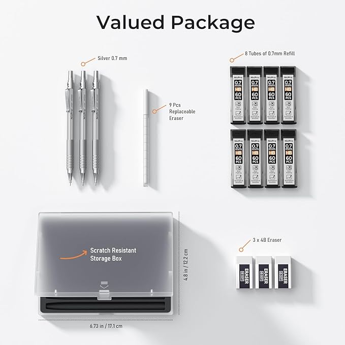 Nicpro 0.7 Metal Mechanical Pencil Set with Case, 3PCS MP1000 0.7mm Artist Lead Pencil With 8 Tube HB Refills, 3 Erasers, 9 Eraser Refill For Architect Art Drafting Drawing Engineering, Sketching