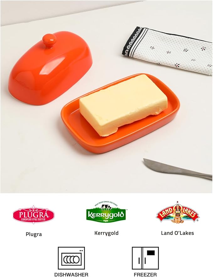 Sweejar Ceramic Butter Dish with Lid for Countertop,Porcelain Butter Keeper with Knob Handle,Butter Container for East/West Coast Butter, 7 inches (Orange)