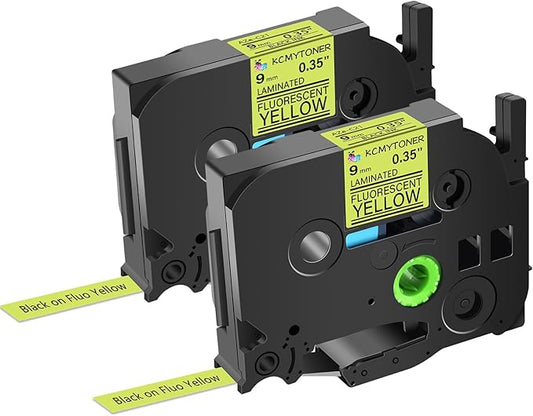 2 Pack Compatible for Ptouch TZe-C21 TZ-C21 TZe TZ Label Tape 9mm 0.35'' Laminated Black on Fluo Yellow Label Maker Tape for PT-9700PC PT-1880 PT-1230PC PT-1280 PT-1800 PT-1830