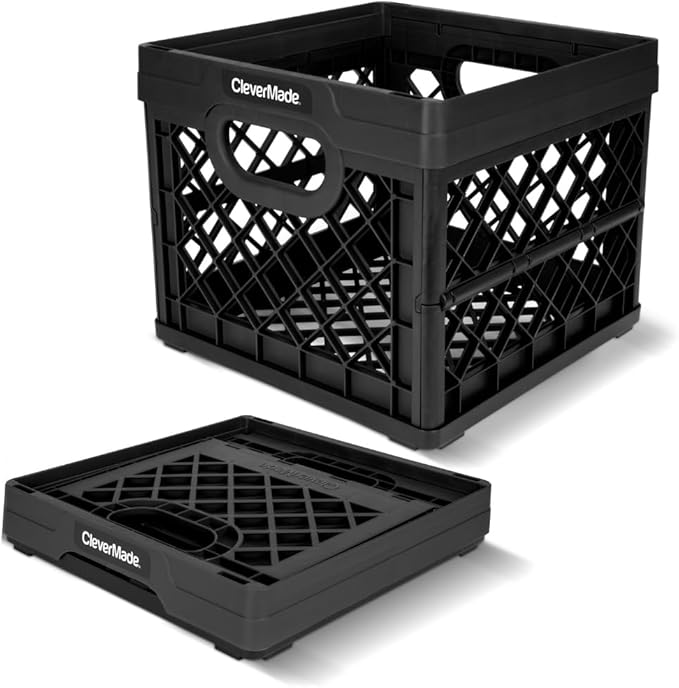 CleverMade Collapsible Milk Crate, Obsidian, 1PK - 25L (6 Gal) Stackable Storage Bins, Holds 50lbs Per Bin - Clevercrates are Heavy Duty, Plastic Collapsible Storage Crate for Multi Purposes