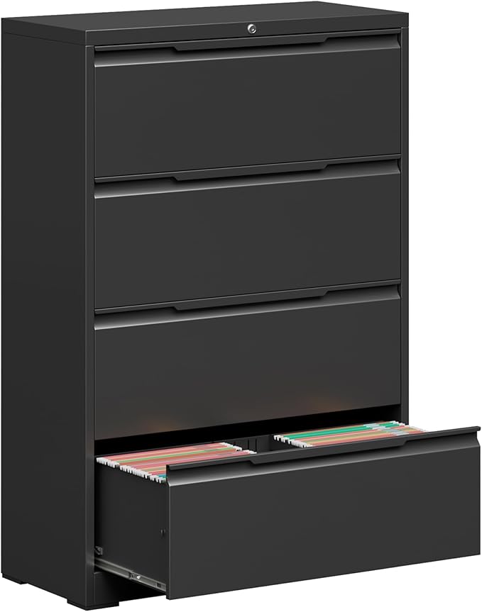 Metal Steel Filling Cabinets for Home Office - 4 Drawer Lockable Lateral File Cabinet for Hanging Files Letter/Legal/F4/A4 Size, Assembly Required - Black