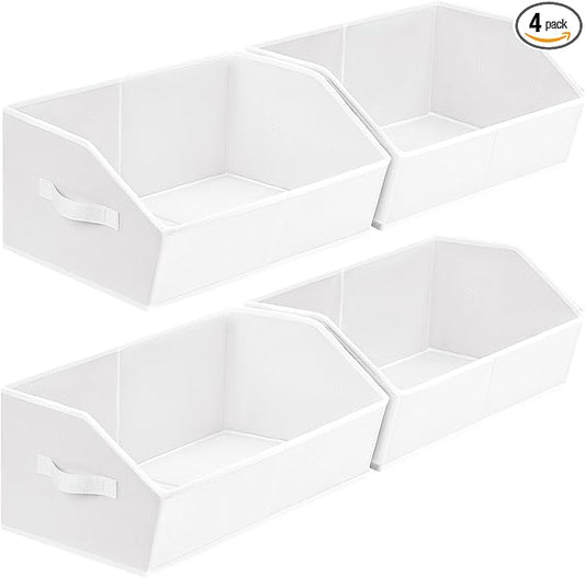 Closet Baskets for Shelves Trapezoid - Decorative Storage Baskets with Handle, Closet Bins for Organization, Shelf Storage Bins for Clothes, Books, Home, Office, 4 Pack, White