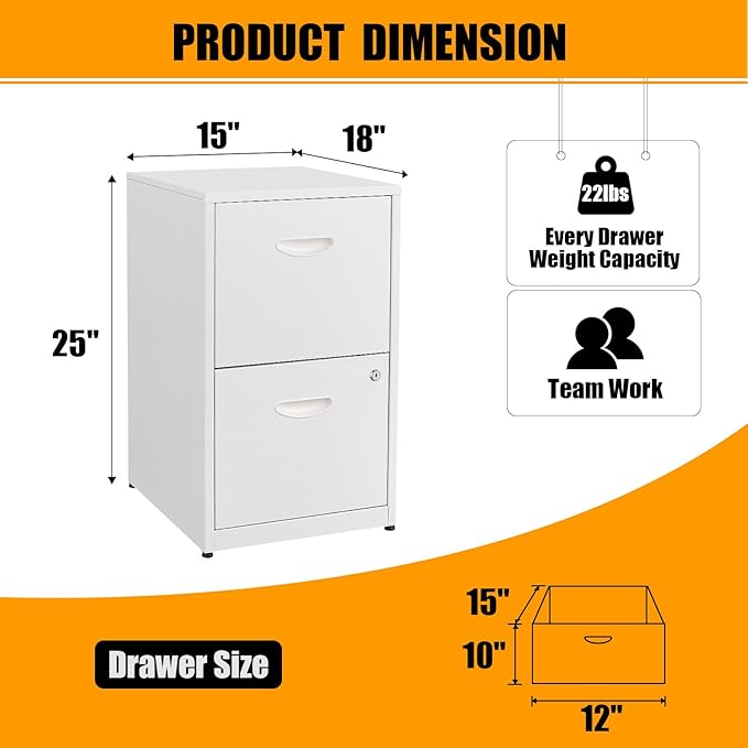 2 Drawer File Cabinet with Lock, Metal Two Drawer Vertical Filing Cabinets, 18" Deep White Filing Cabinet for Home Office, Steel Light Duty Storage for Letter-Size Files - Assemly Required