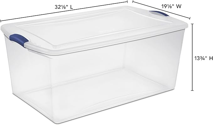 2-Pack 105 Quart Heavy Duty Plastic Storage Bins, Stackable Containers with Clear Lids & Blue Latches for Bedding, Clothing, Holiday Decor - Ideal for Garage & Closet