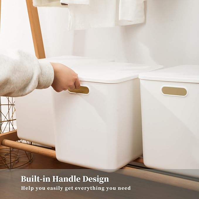 Plastic Storage Baskets Bins Boxes With Lids,Organizing Container White Storage Organizer Bins For Shelves Drawers Desktop Playroom Classroom Office,6-Pack(4XL+2L)