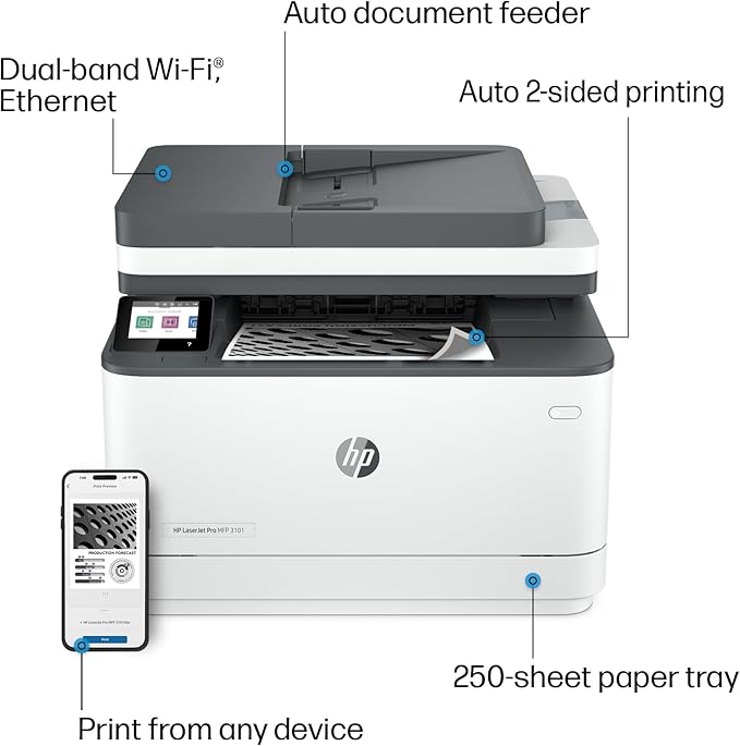 HP LaserJet Pro MFP 3101fdw Wireless Black & White All-in-One Laser Printer, Scanner, Copier, Fax, Best-for-Office (3G628F)