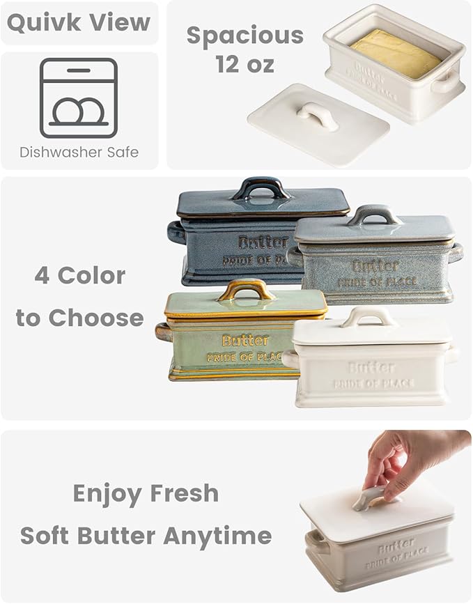 Butter Dish with Lid, Ceramic Butter Dish for Countertop Butter Holder Container Large Butter Keeper for East West Coast Butter, Thanksgiving, Christmas, White