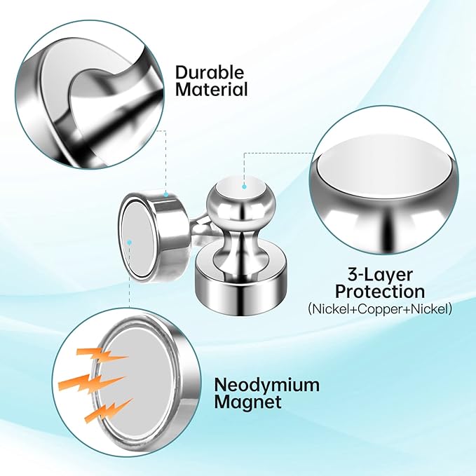 Pack of 24 Silver Magnetic Push Pins for Fridge, Whiteboard, Map, Office, DIY - Refrigerator Magnets for Locker