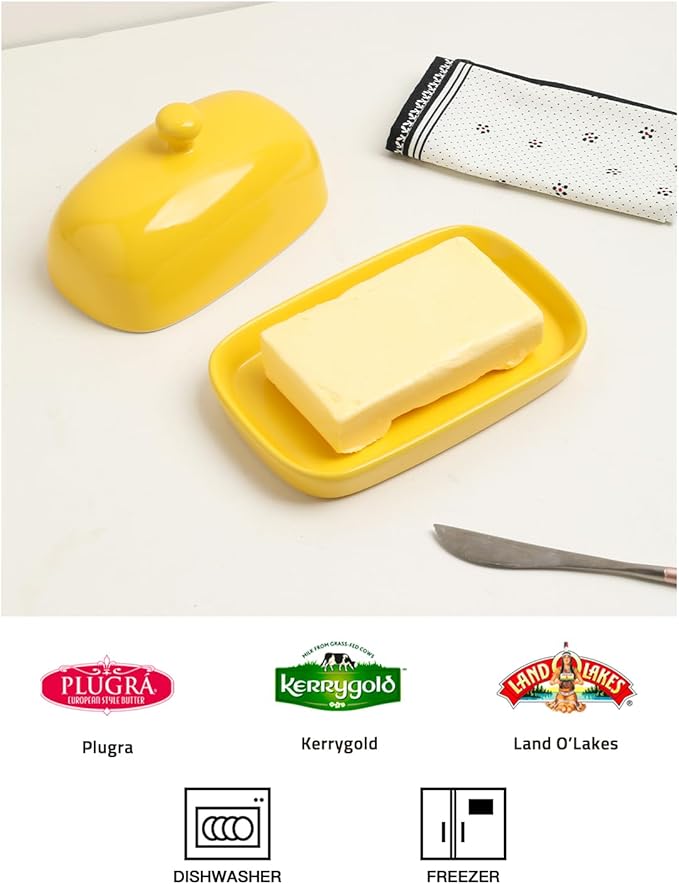 Sweejar Ceramic Butter Dish with Lid for Countertop,Porcelain Butter Keeper with Knob Handle,Butter Container for East/West Coast Butter, 7 inches (Yellow)