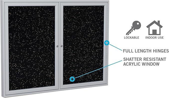 Ghent 36"x60" 2-Door indoor Enclosed Recycled Rubber Bulletin Board, Shatter Resistant, with Lock, Satin Aluminum Frame,Confetti (PA23660TR-CF ) ,Made in the USA