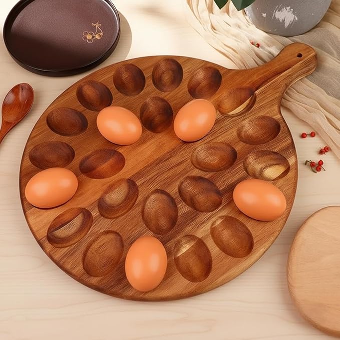24 Holes Wood Deviled Egg Platter Round Tray for Devilled Eggs Container, Charcuterie Board for Kitchen Countertops, Deviled Egg Tray Holder for Easter, Gathering, Thanksgiving & Parties