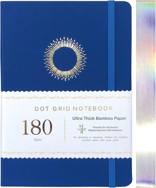 Dotted Notebook Journal 180GSM Bamboo Thick White Paper 160 Pages 5 * 5MM Dot Grid, Lay Flat Binding,Colored Silver Edges, Bookmarks and Expandable Back Pocket (BKP-3)