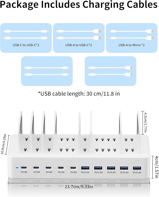 100W Charging Station for Multiple Devices, 10-Port USB Fast Charging Station with Adjustable Dividers & 10 Cables- Multi Device Organizer Charging Dock for iPhone, iPad, Tablets & More