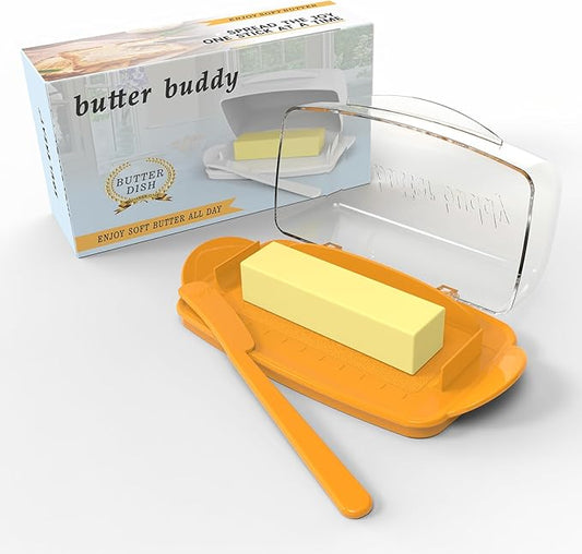 Butter Dishes with Lid for Countertop Refrigerator, Clear Butter Dish Plastic Flip Top Lid Butter Container with Spreader, Non-Slip Bottom Butter Holder Keeper (Transparent Cover Orange)