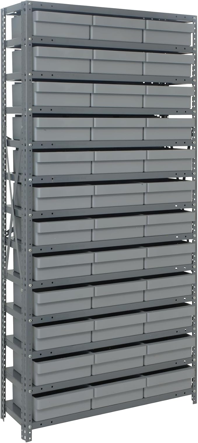 Quantum Storage Systems 1275-801GY Solid Heavy Duty 13 Shelves 36 Super Tuff Euro Gray Bins 75" H x 36" W x 12" D