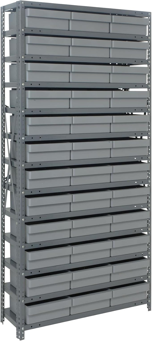 Quantum Storage Systems 1275-801GY Solid Heavy Duty 13 Shelves 36 Super Tuff Euro Gray Bins 75" H x 36" W x 12" D