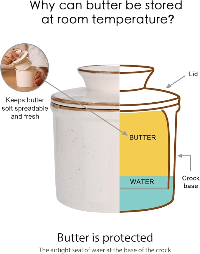 French Butter Dish, Butter Crock for Counter with Water Line, Ceramic Butter Keeper for Spreadable Butter - Chrismas Gift Home Kitchen Decor - Reactive Glaze Collection - White