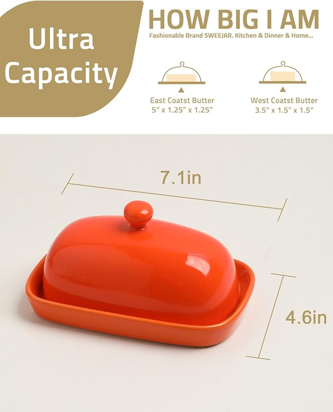 Sweejar Ceramic Butter Dish with Lid for Countertop,Porcelain Butter Keeper with Knob Handle,Butter Container for East/West Coast Butter, 7 inches (Orange)