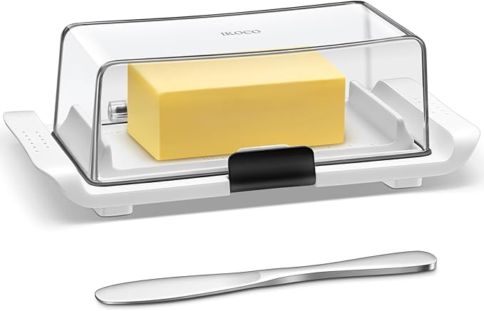 Butter Dish with Lid, IKOCO Large Butter Dish with Knife for Countertop and Refrigerator, Plastic Butter Holder Container Tray for 2 Sticks Butter, White