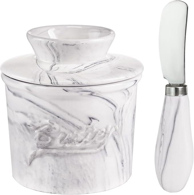 Ceramic Butter Crock with Lid & Spreader Knife, Butter Keeper - Ideal Butter Storage & Countertop Butter Dish, Marble White