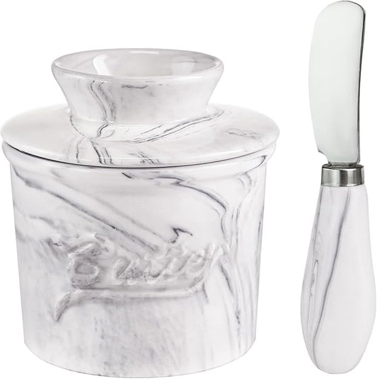 Ceramic Butter Crock with Lid & Spreader Knife, Butter Keeper - Ideal Butter Storage & Countertop Butter Dish, Marble White