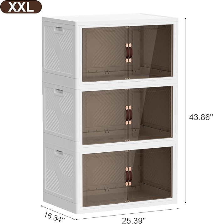 JOYMOOP Folding Storage Bins Organizer, 252 Quart Collapsible Storage Boxes with Wheels and Door, Stackble Plastic Storage Container for Clothing, Books and Sundries (XXL, 21 Gal Per, 3 Tiers)